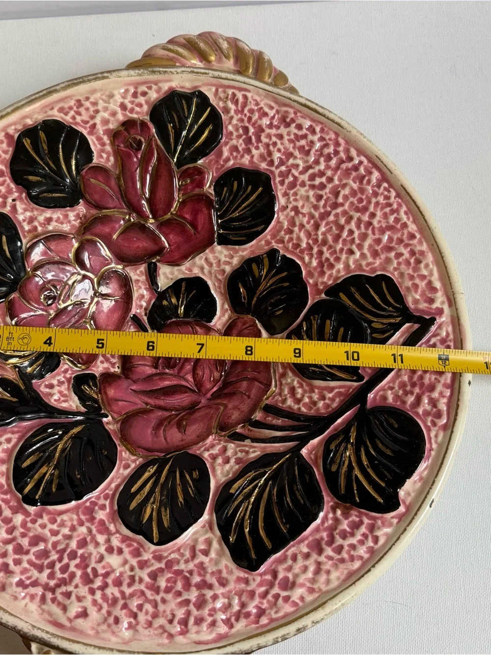 Vtg Vallauris France Majolica Rose Floral Relief Platter MCM Hollywood Regency